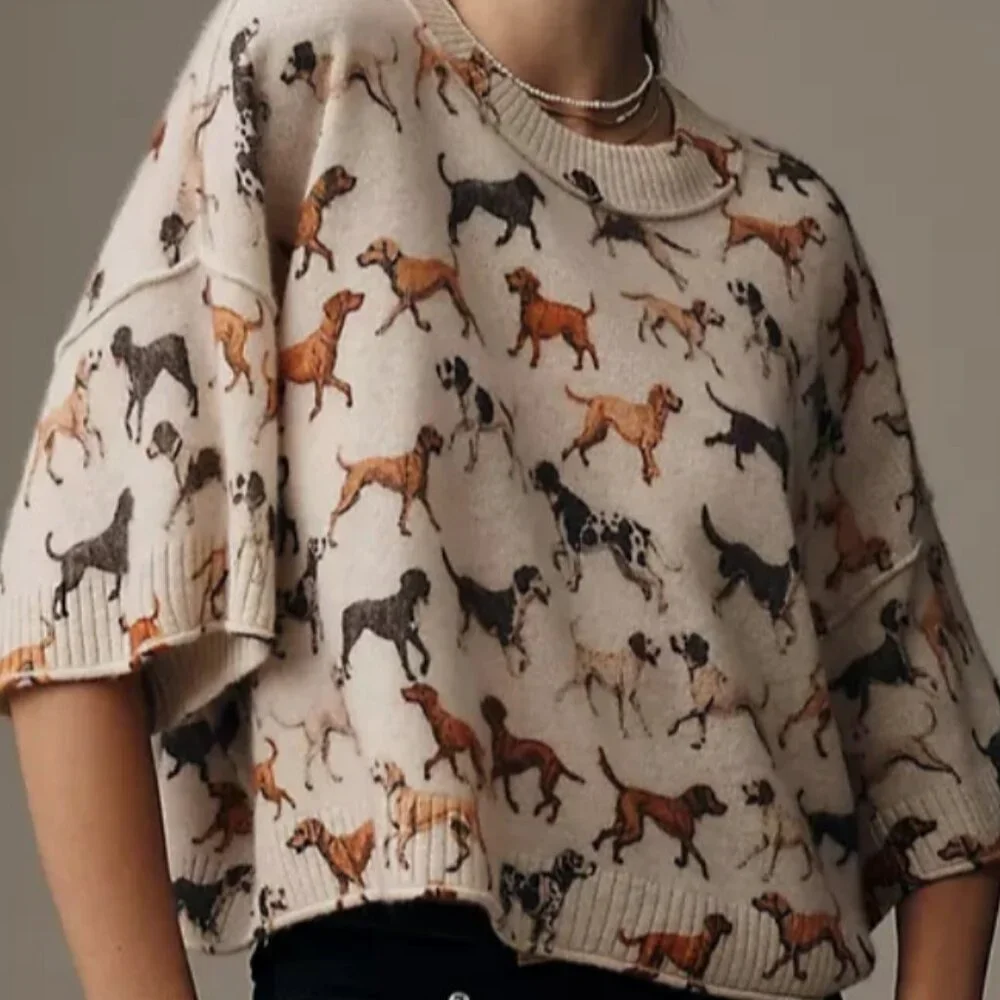 Anthropologie The Goldie Crew-Neck Cashmere Sweater Dog Dogs Size S NWT Puppies - Picture 6 of 6